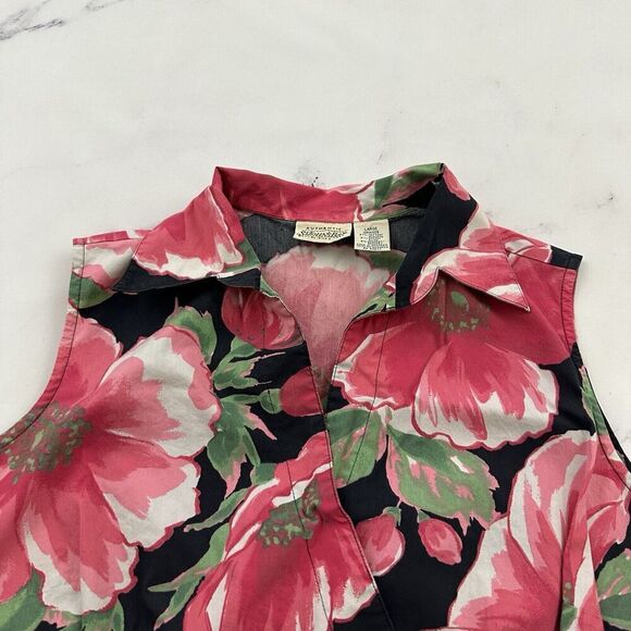 St Johns Bay Womens Vintage Y2k Wrap Crop Top Size L Black Pink Floral Tie Trim - Picture 2 of 9